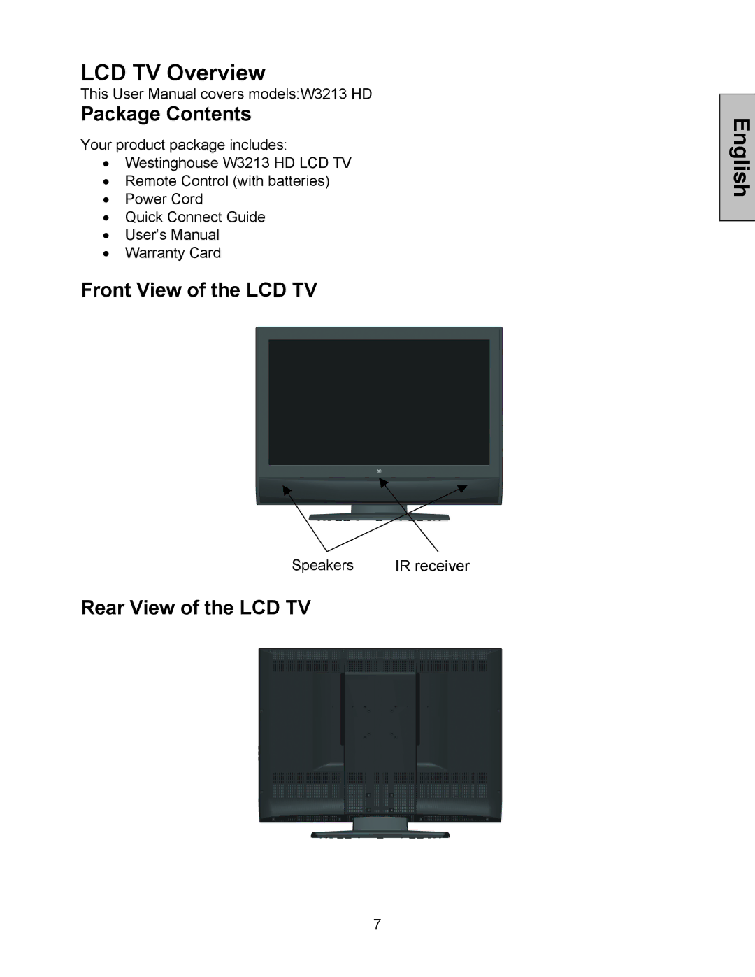 Westinghouse W3213 HD manual LCD TV Overview, Package Contents, Front View of the LCD TV, Rear View of the LCD TV 