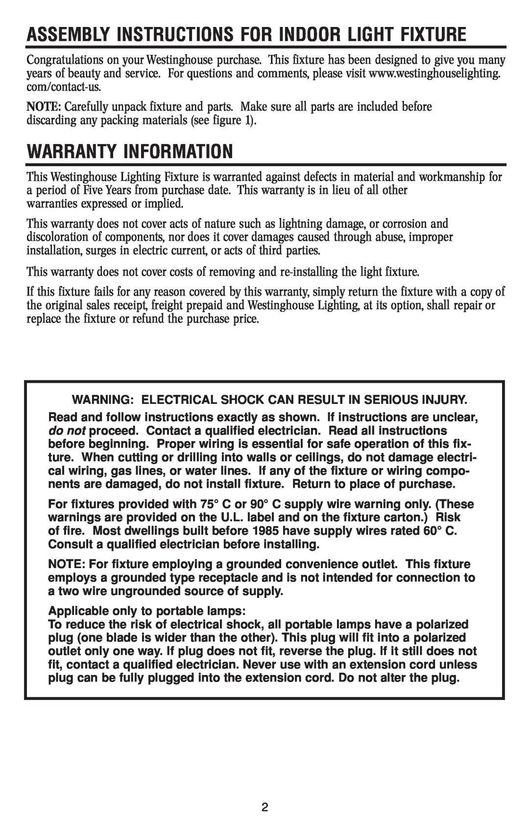 Westinghouse W348 owner manual Warranty Information, Assembly Instructions For Indoor Light Fixture 
