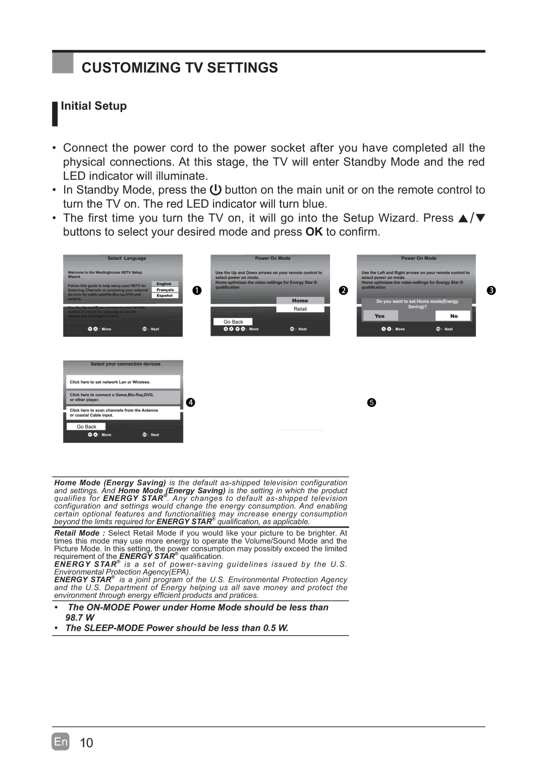 Westinghouse WD60MB2240 user manual Customizing TV Settings, Initial Setup 