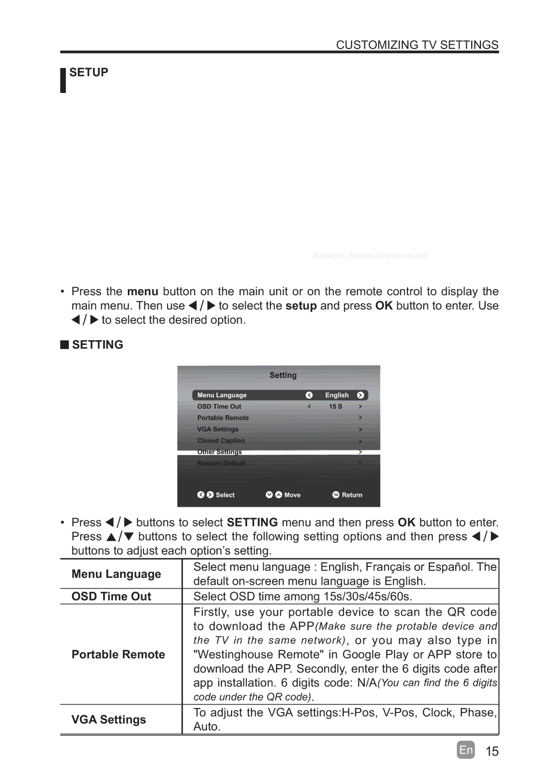 Westinghouse WD60MB2240 user manual Setup, Setting 