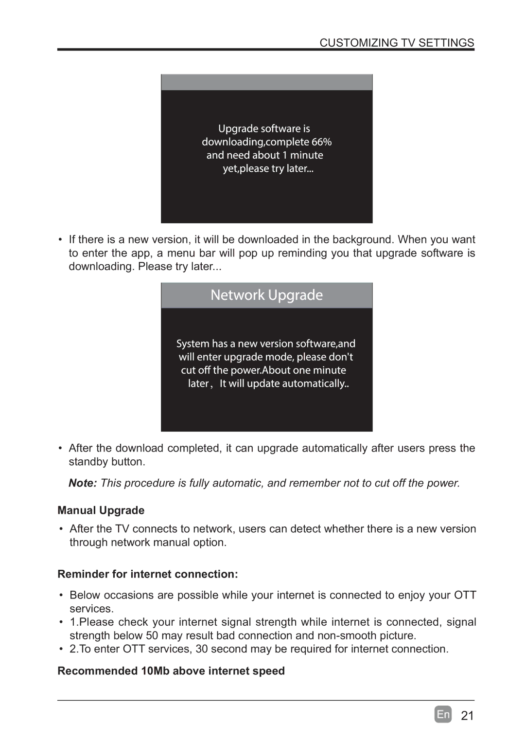 Westinghouse WD60MB2240 user manual Manual Upgrade, Reminder for internet connection, Recommended 10Mb above internet speed 