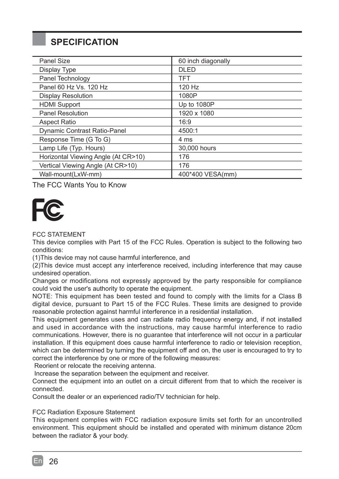 Westinghouse WD60MB2240 user manual Specification, Tft 