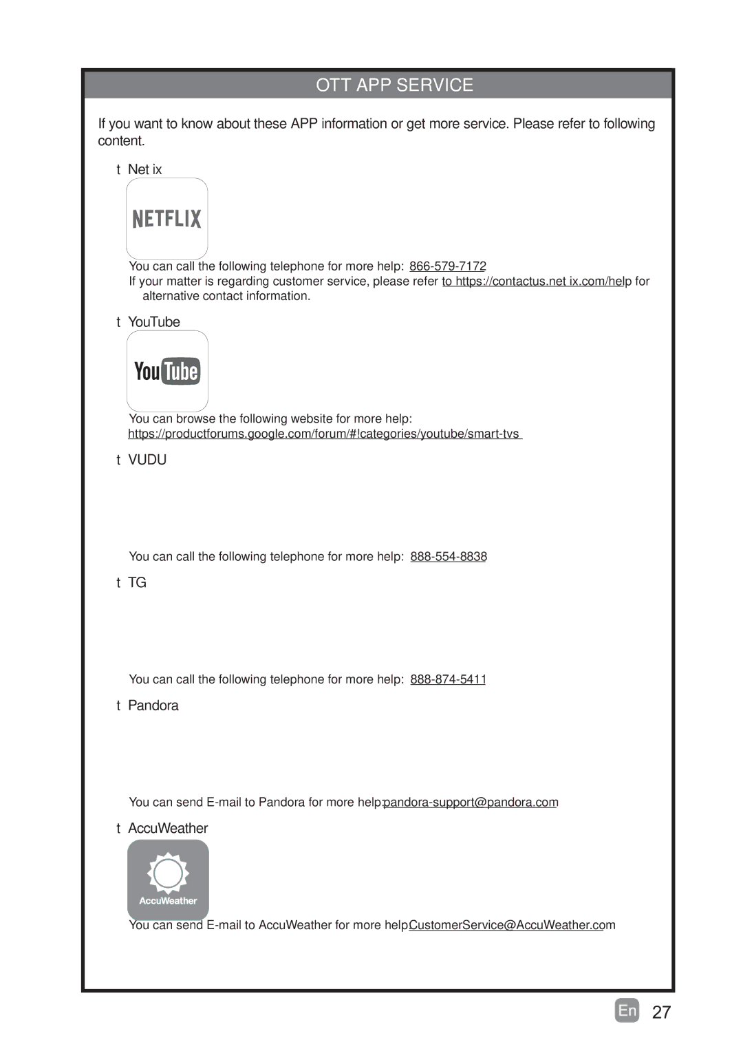 Westinghouse WD60MB2240 user manual OTT APP Service 