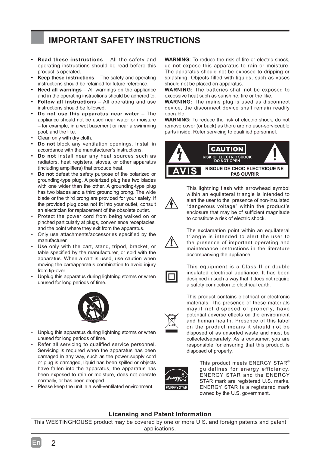 Westinghouse WD60MB2240 user manual Important Safety Instructions, Licensing and Patent Information 