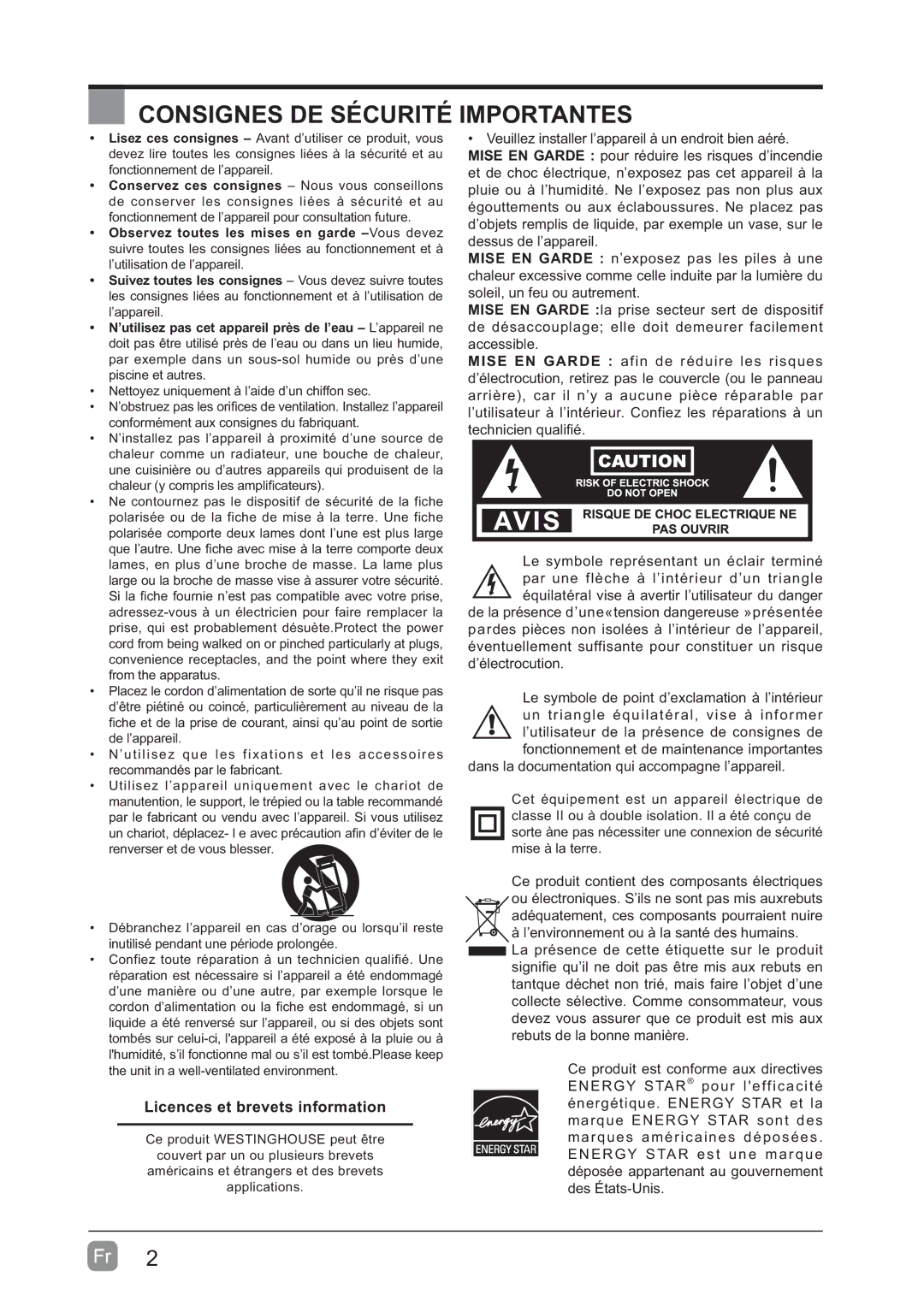 Westinghouse WD60MB2240 user manual Consignes DE Sécurité Importantes, Licences et brevets information 