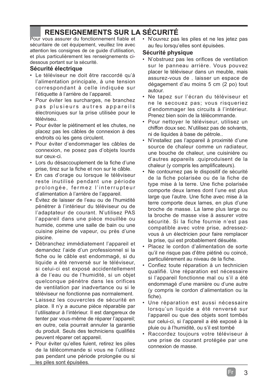 Westinghouse WD60MB2240 user manual Renseignements SUR LA Sécurité, Sécurité électrique, Sécurité physique 