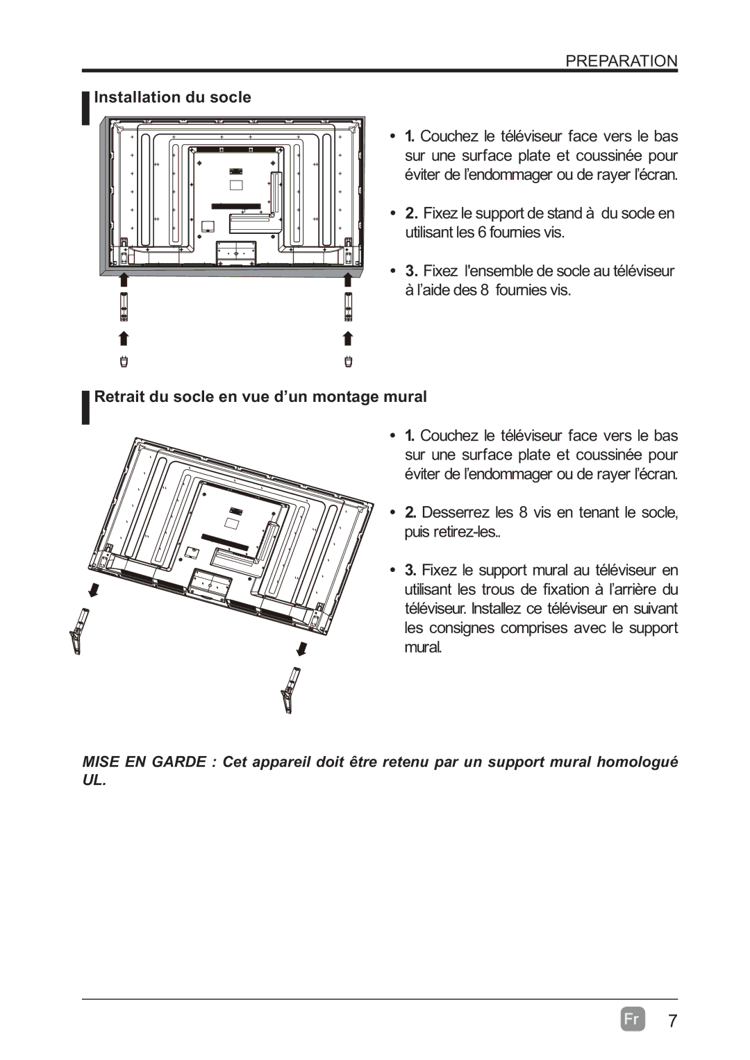 Westinghouse WD60MB2240 user manual Installation du socle, Retrait du socle en vue d’un montage mural 