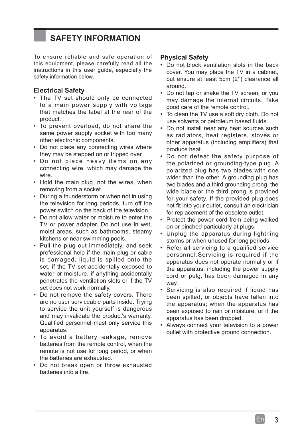 Westinghouse WD60MB2240 user manual Safety Information, Electrical Safety, Physical Safety 