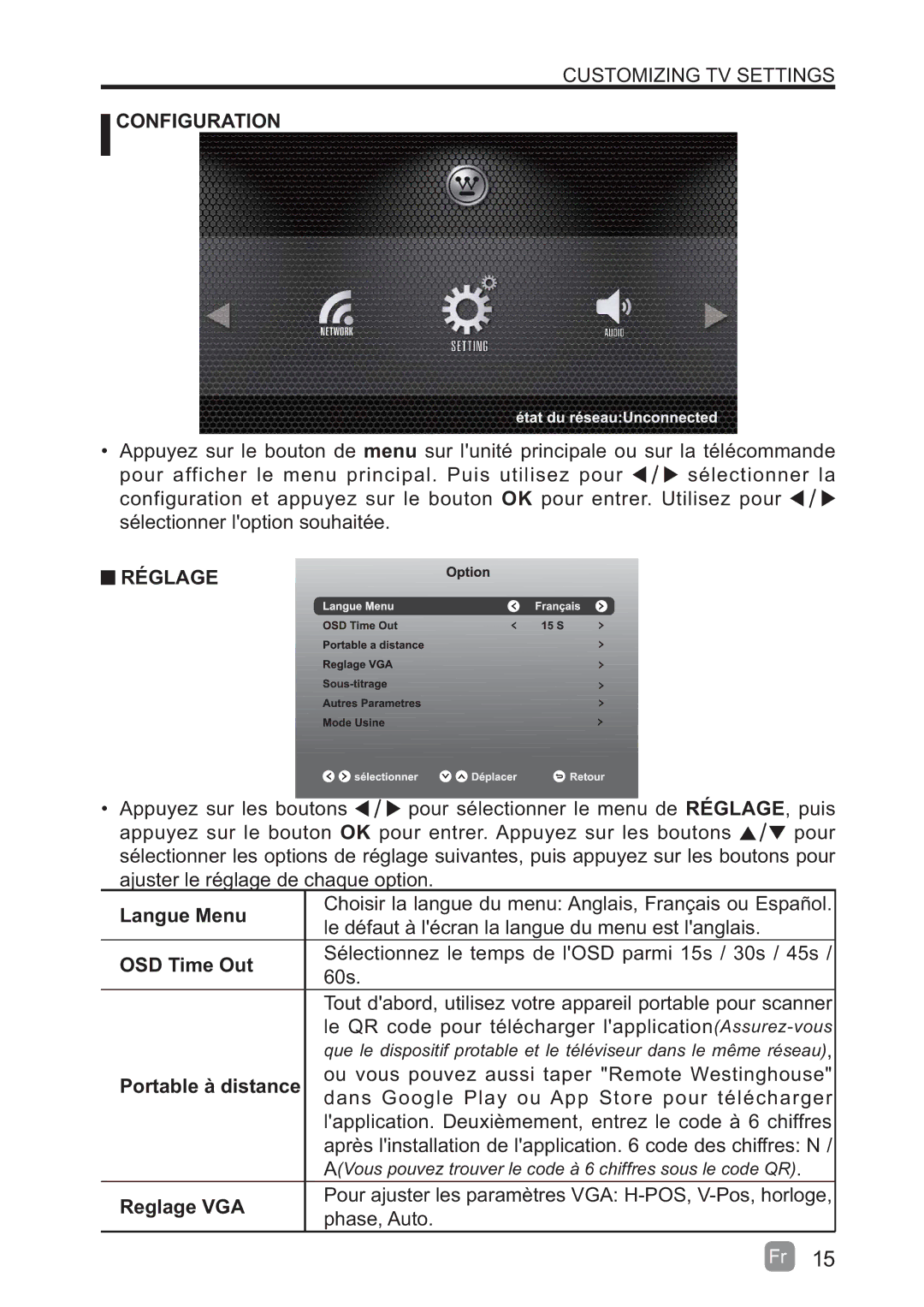 Westinghouse WD60MB2240 user manual Configuration, Réglage, Langue Menu, Portable à distance, Reglage VGA 