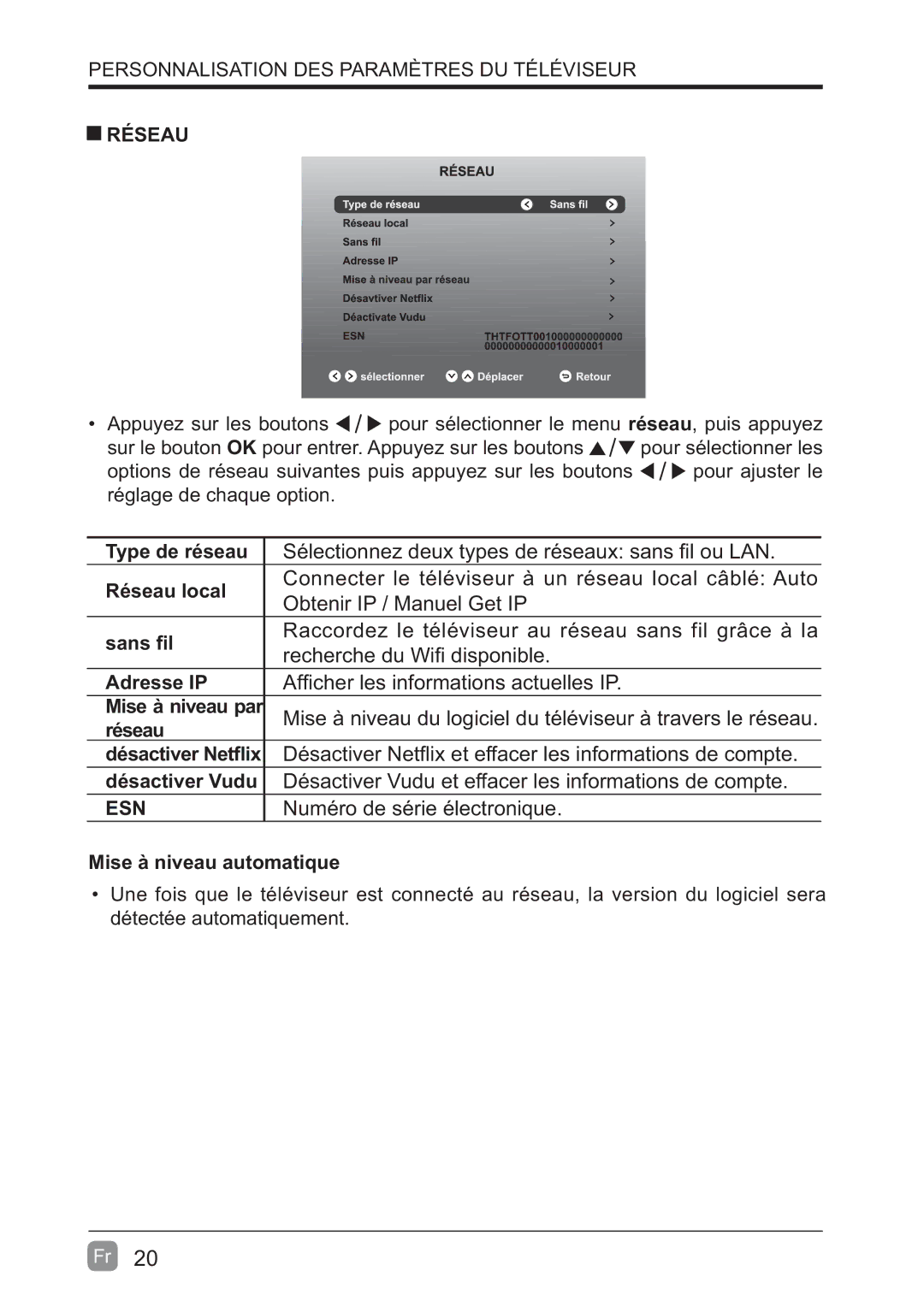 Westinghouse WD60MB2240 user manual Type de réseau Réseau local, Adresse IP Mise à niveau par, Réseau Désactiver Vudu 