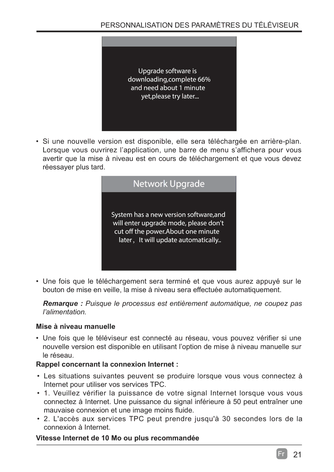 Westinghouse WD60MB2240 user manual Mise à niveau manuelle, Rappel concernant la connexion Internet 