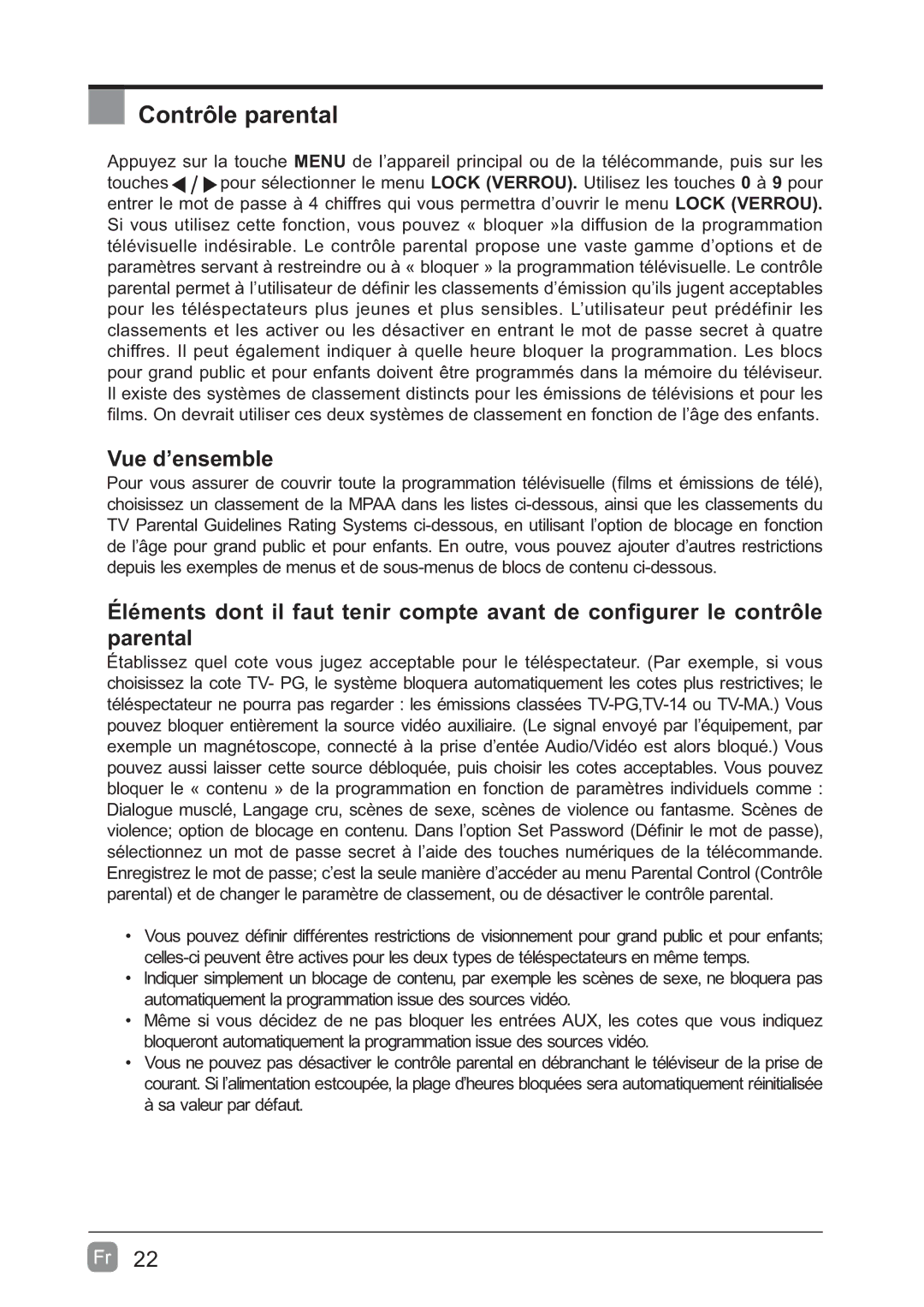 Westinghouse WD60MB2240 user manual Contrôle parental 