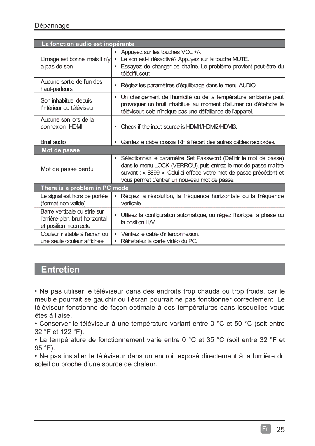 Westinghouse WD60MB2240 user manual La fonction audio est inopérante, Mot de passe 