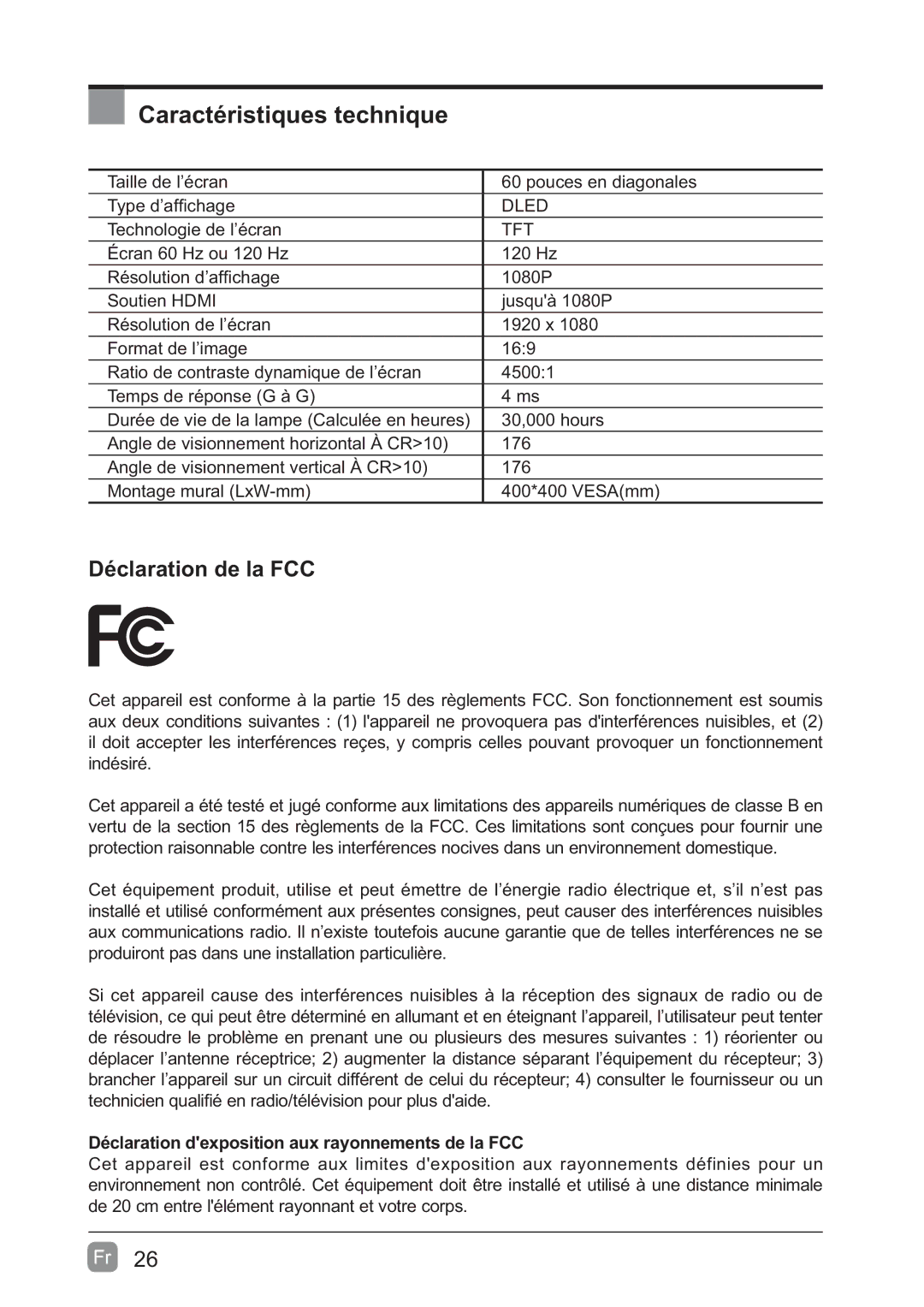 Westinghouse WD60MB2240 user manual Caractéristiques technique 