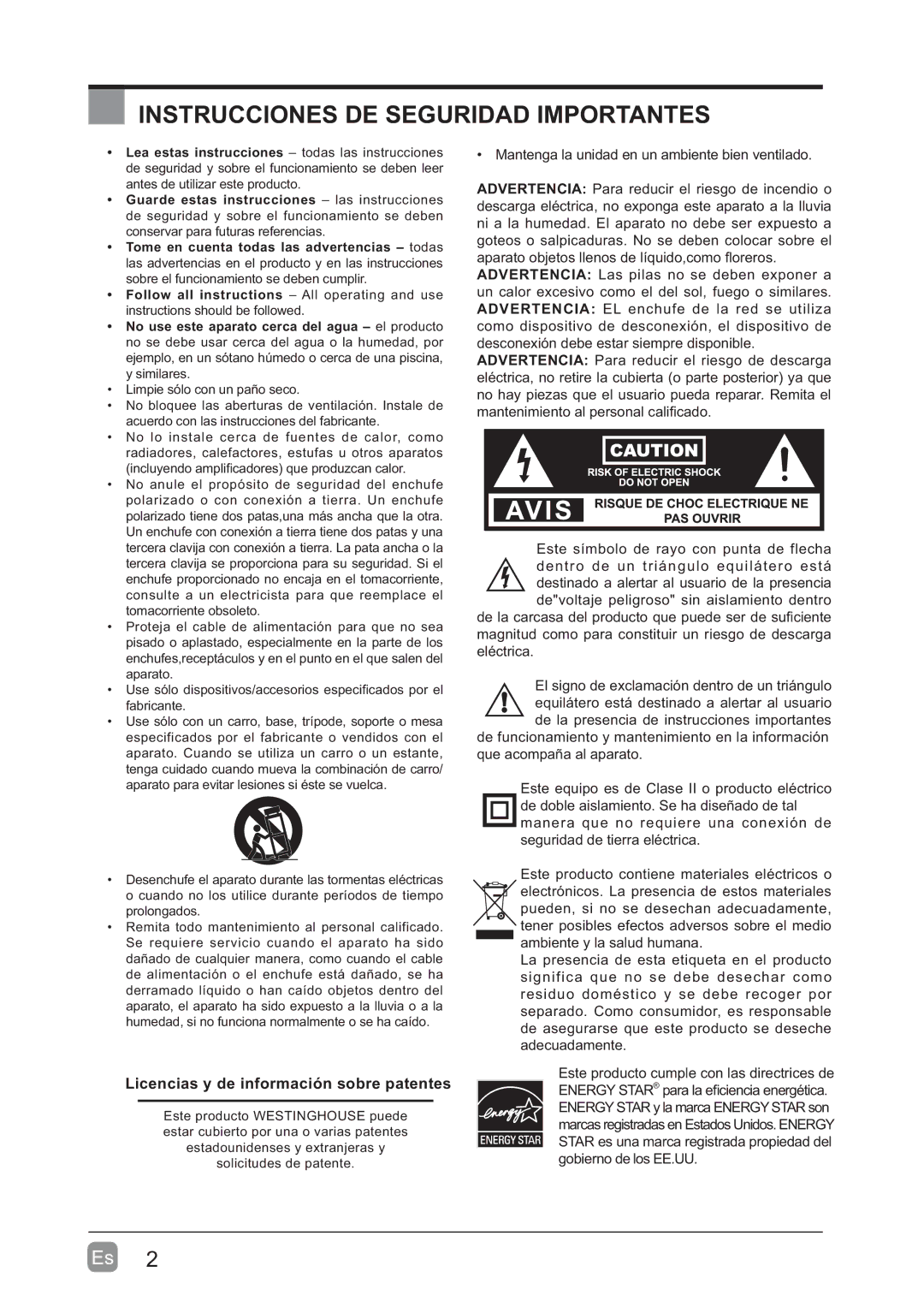 Westinghouse WD60MB2240 Instrucciones DE Seguridad Importantes, No hay piezas que el usuario pueda reparar. Remita el 