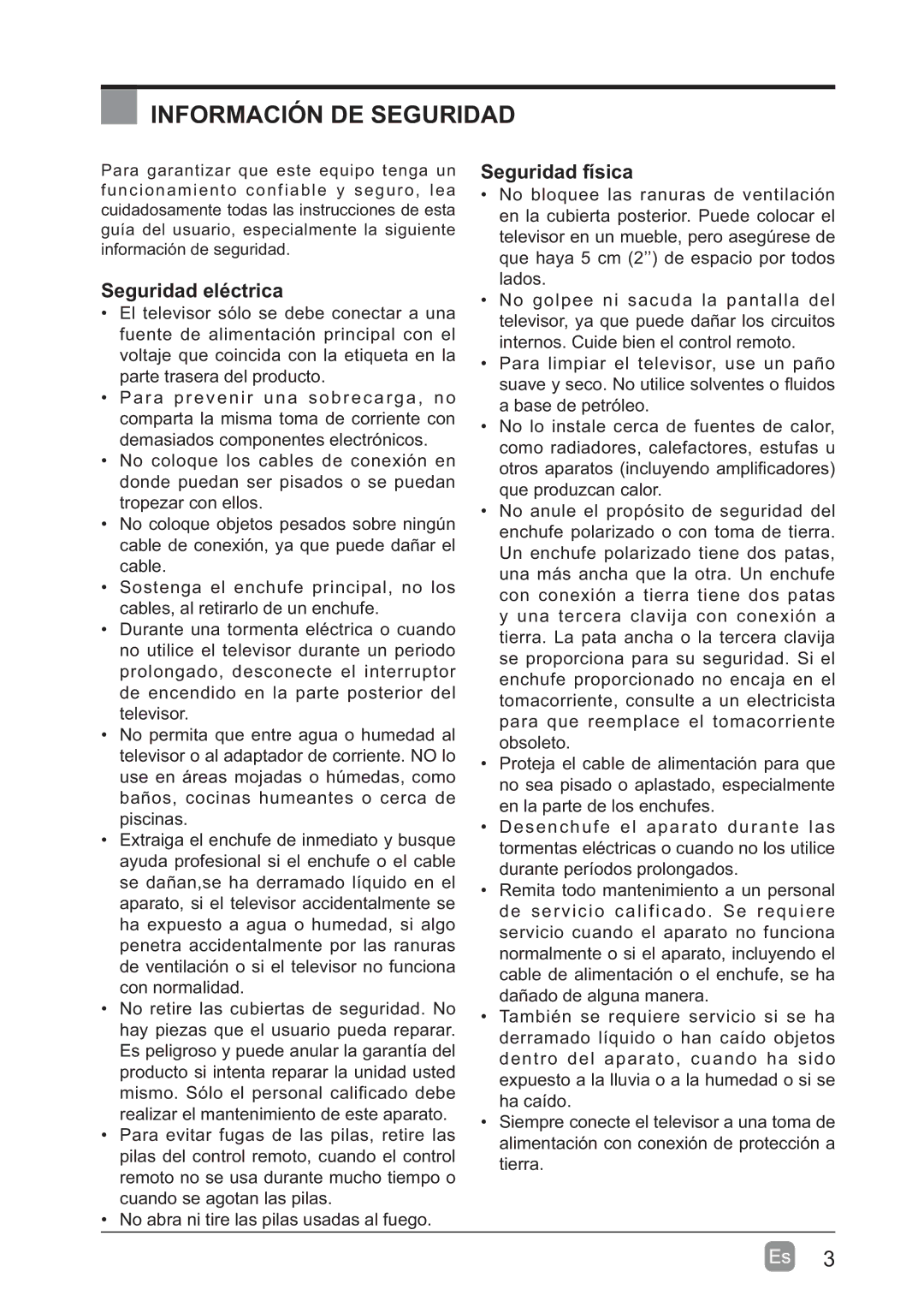 Westinghouse WD60MB2240 user manual Información DE Seguridad, Seguridad física, Seguridad eléctrica 