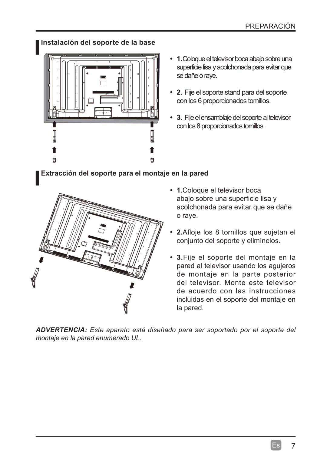 Westinghouse WD60MB2240 user manual Instalación del soporte de la base, Extracción del soporte para el montaje en la pared 