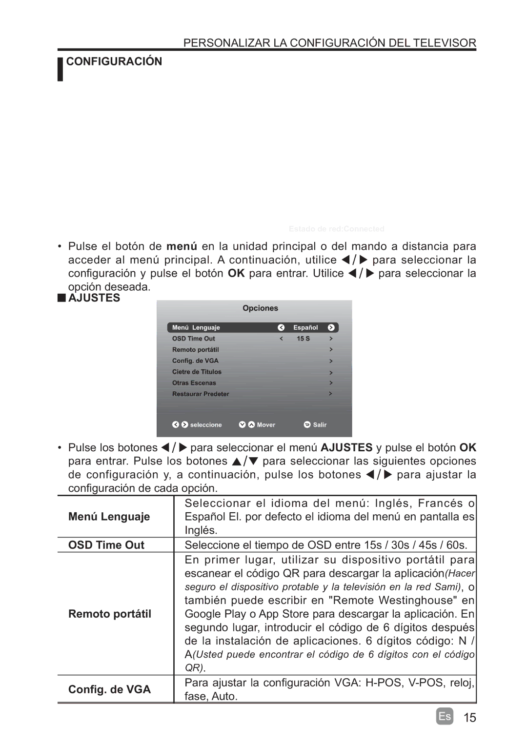 Westinghouse WD60MB2240 user manual Configuración, Ajustes, Para ajustar la 