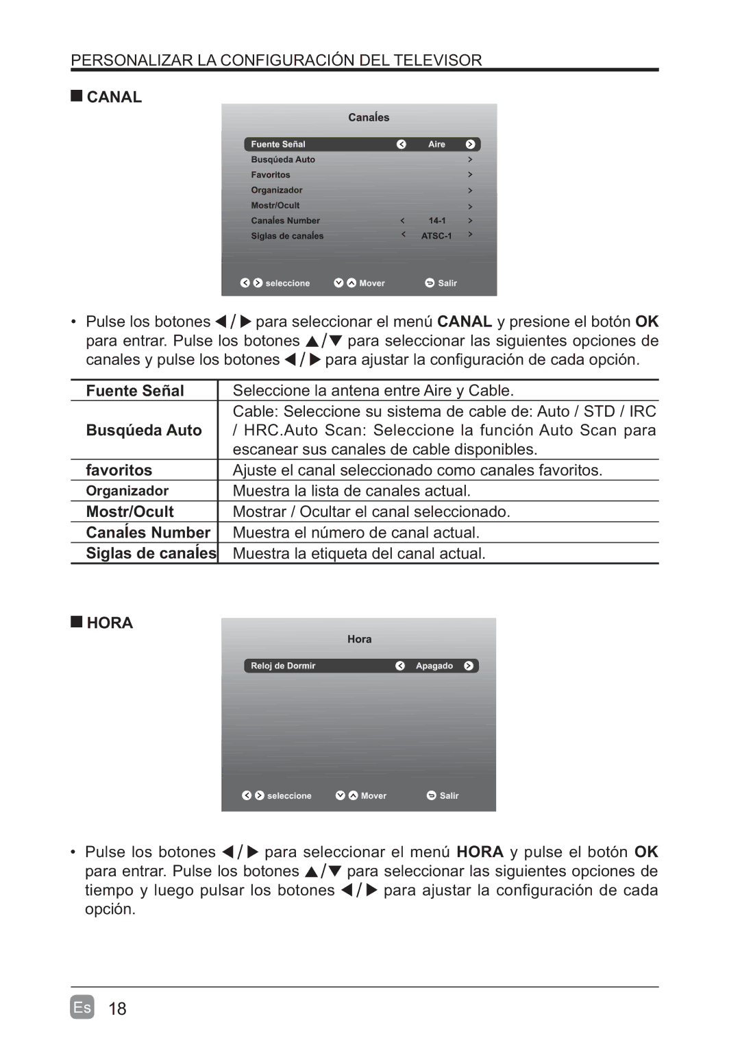 Westinghouse WD60MB2240 user manual Canal Canalok, Muestra la lista de canales actual, Hora Horaok 