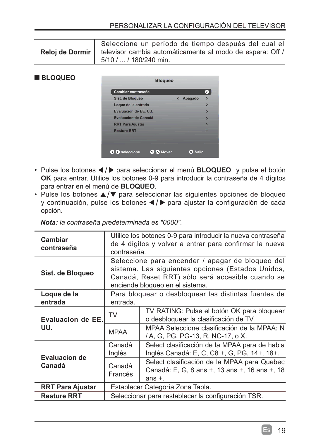 Westinghouse WD60MB2240 Reloj de Dormir, Bloqueo, Mpaa, Evaluacíon de Canadá Francés RRT Para Ajustar Resture RRT 