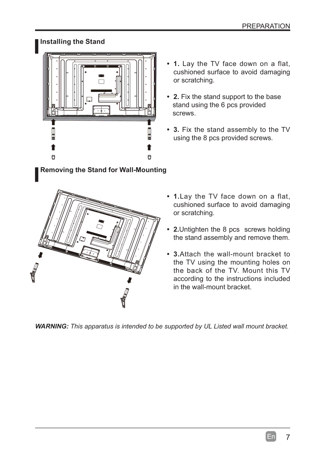 Westinghouse WD60MB2240 user manual Installing the Stand, Removing the Stand for Wall-Mounting 