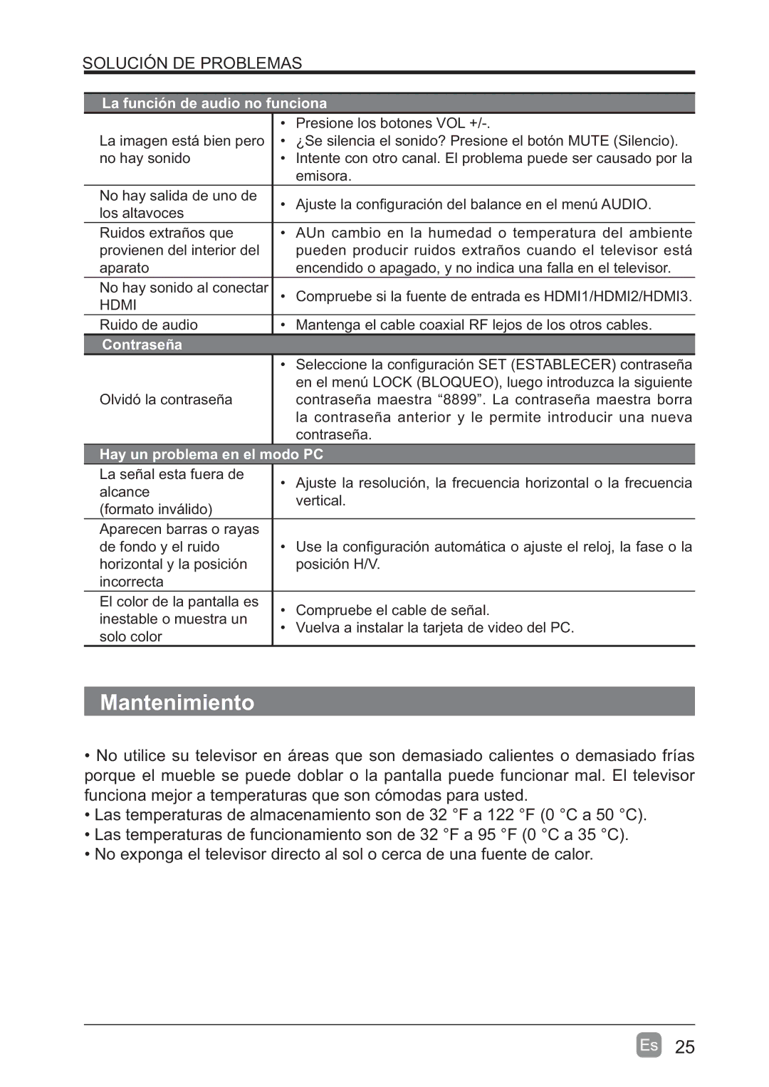 Westinghouse WD60MB2240 user manual La función de audio no funciona, Contraseña, Hay un problema en el modo PC 