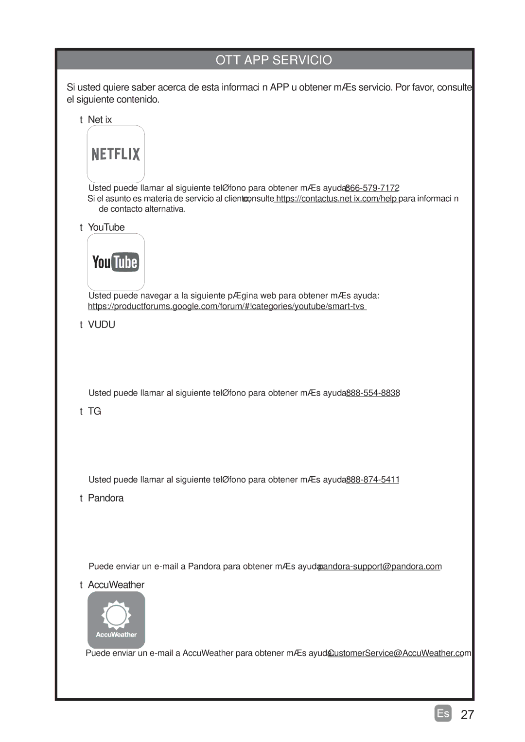 Westinghouse WD60MB2240 user manual OTT APP Servicio 