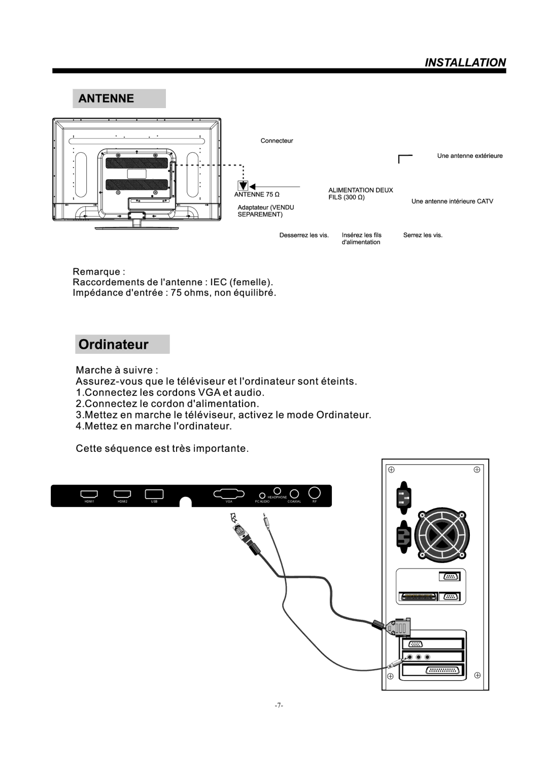 Westinghouse Westinghouse Television, DW37H1G1 manual Headphone HDMI1 HDMI2 USB VGA PC Audio Coaxial 