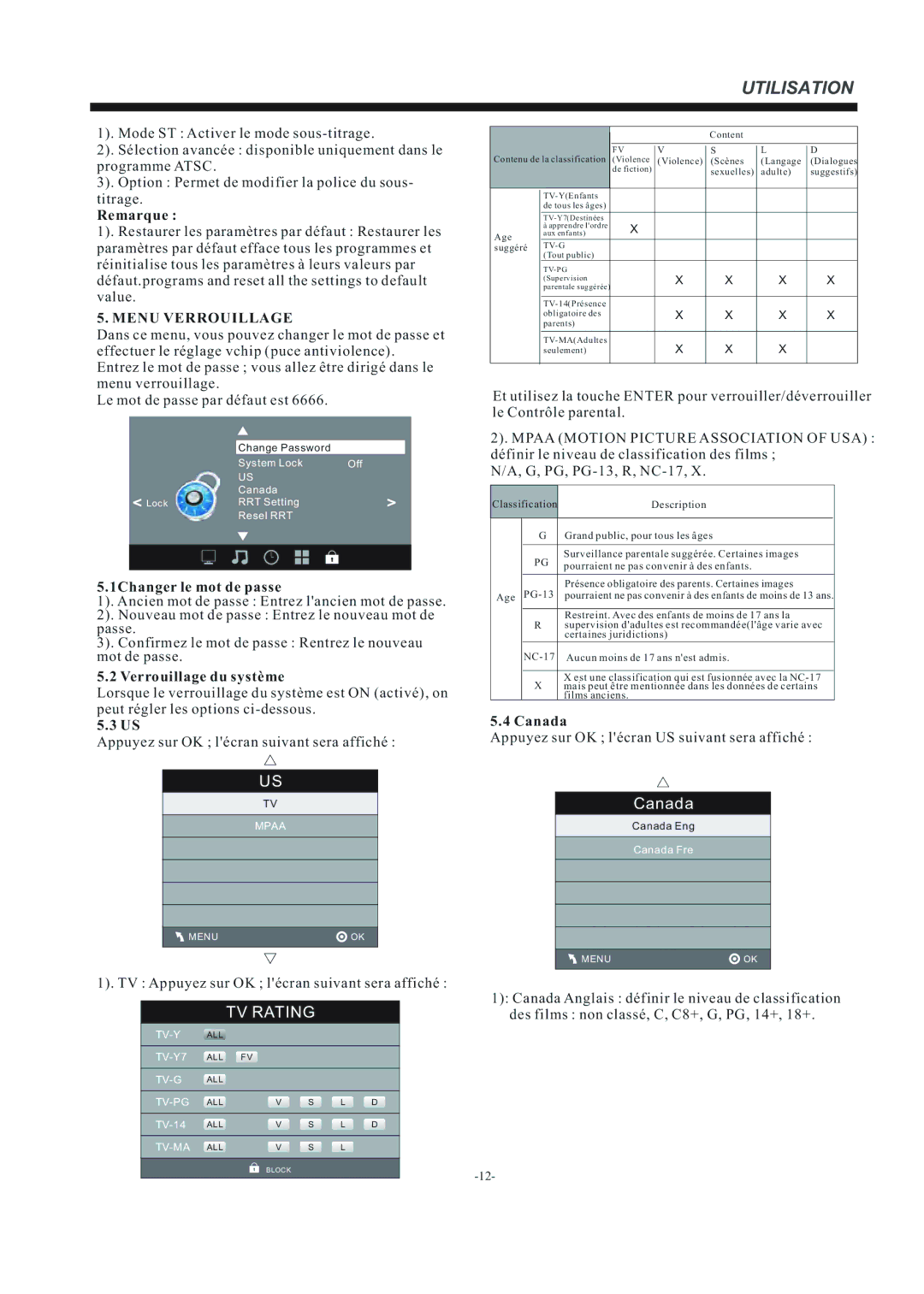 Westinghouse DW37H1G1, Westinghouse Television manual Menu Verrouillage, 1Changer le mot de passe, Verrouillage du système 