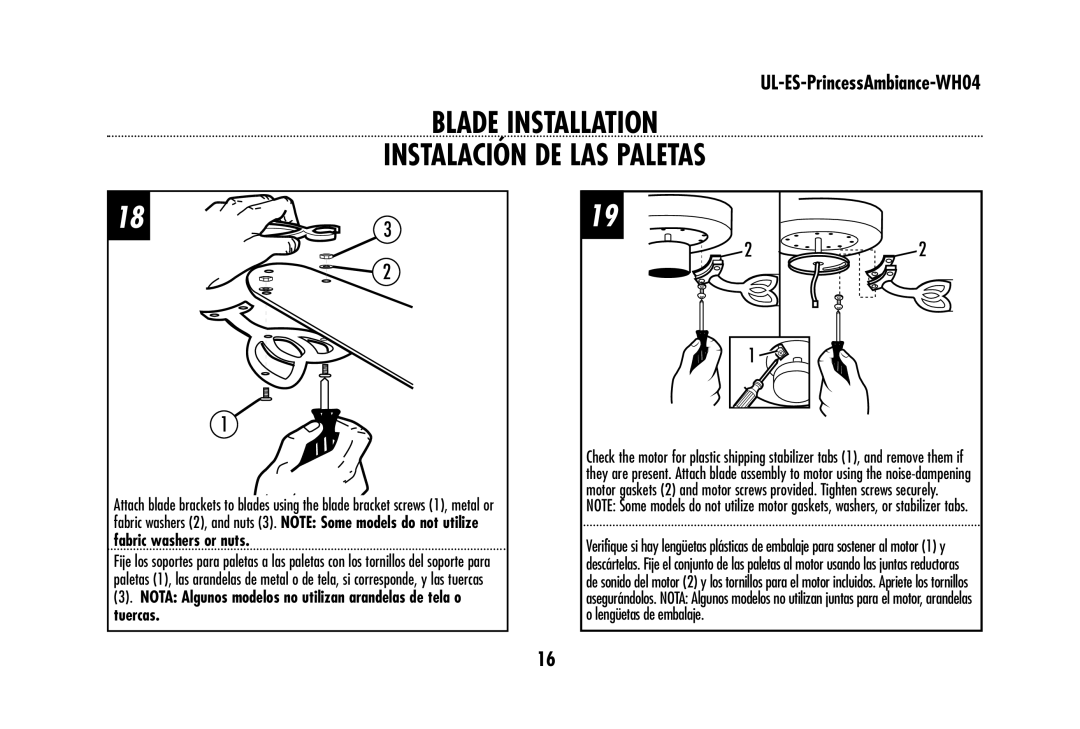 Westinghouse wh04 owner manual Blade Installation Instalación DE LAS Paletas, 183 