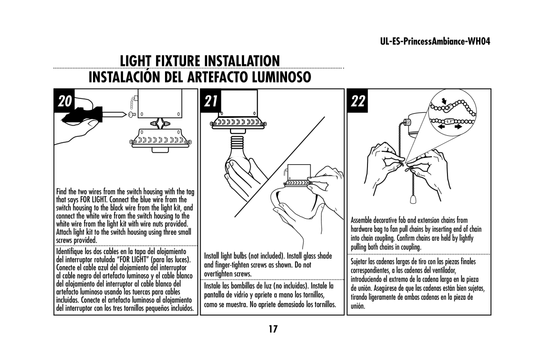 Westinghouse wh04 owner manual Light Fixture Installation, UL-ES-PrincessAmbiance-WH04 