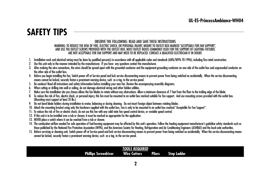 Westinghouse wh04 owner manual Safety Tips, Observe the Following Read and Save These Instructions 