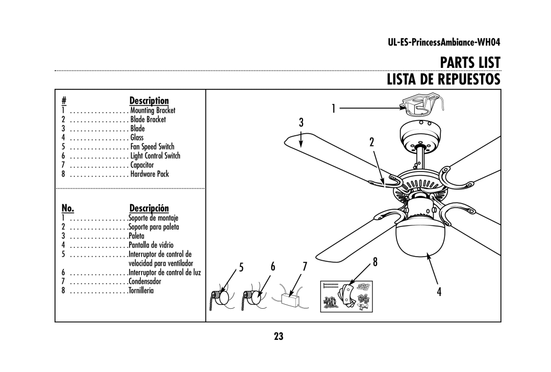 Westinghouse wh04 owner manual Parts List Lista DE Repuestos, Description 