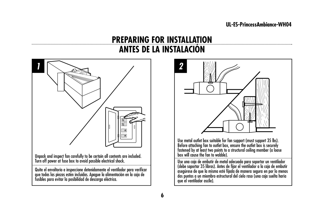 Westinghouse wh04 owner manual Preparing for Installation Antes DE LA Instalación 