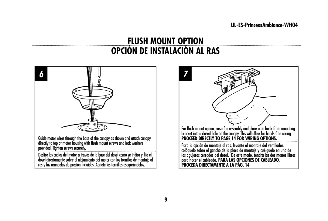 Westinghouse wh04 Flush Mount Option Opción DE Instalación AL RAS, Proceed Directly to page 14 for Wiring Options 