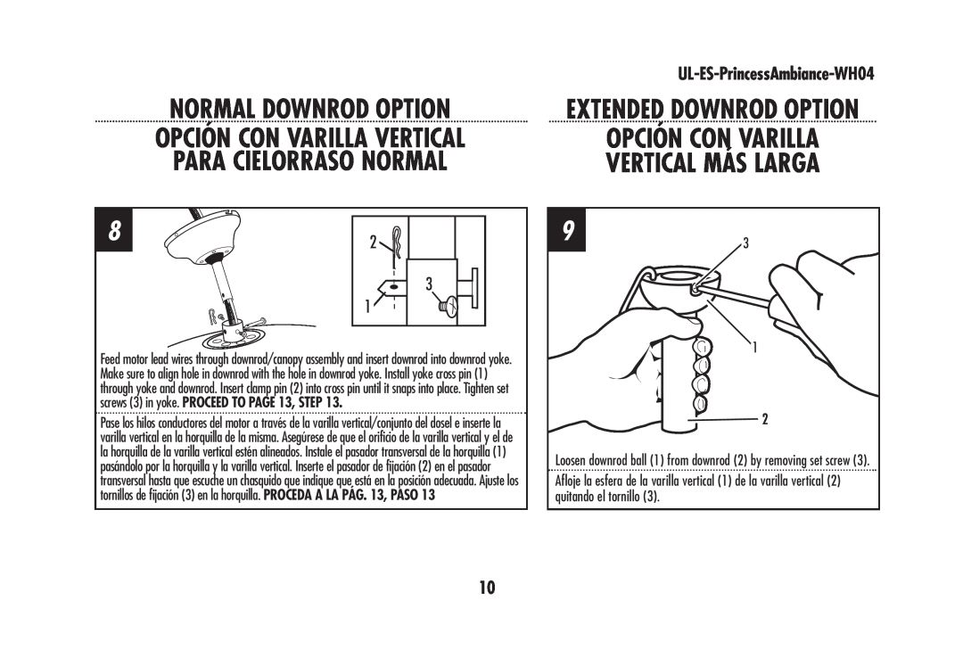 Westinghouse wh04 owner manual Normal Downrod Option, Para Cielorraso Normal, Opción Con Varilla Vertical Más Larga 