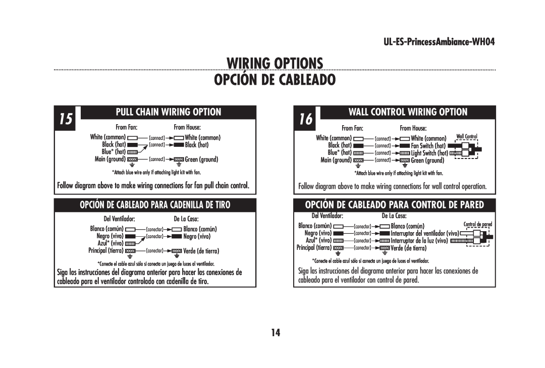 Westinghouse wh04 owner manual Wiring Options Opción De Cableado, Pull Chain Wiring Option, UL-ES-PrincessAmbiance-WH04 