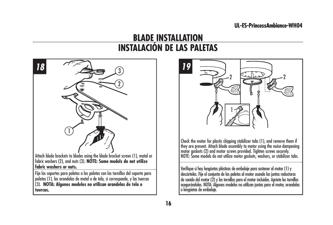 Westinghouse wh04 Blade Installation Instalación De Las Paletas, fabric washers or nuts, UL-ES-PrincessAmbiance-WH04 