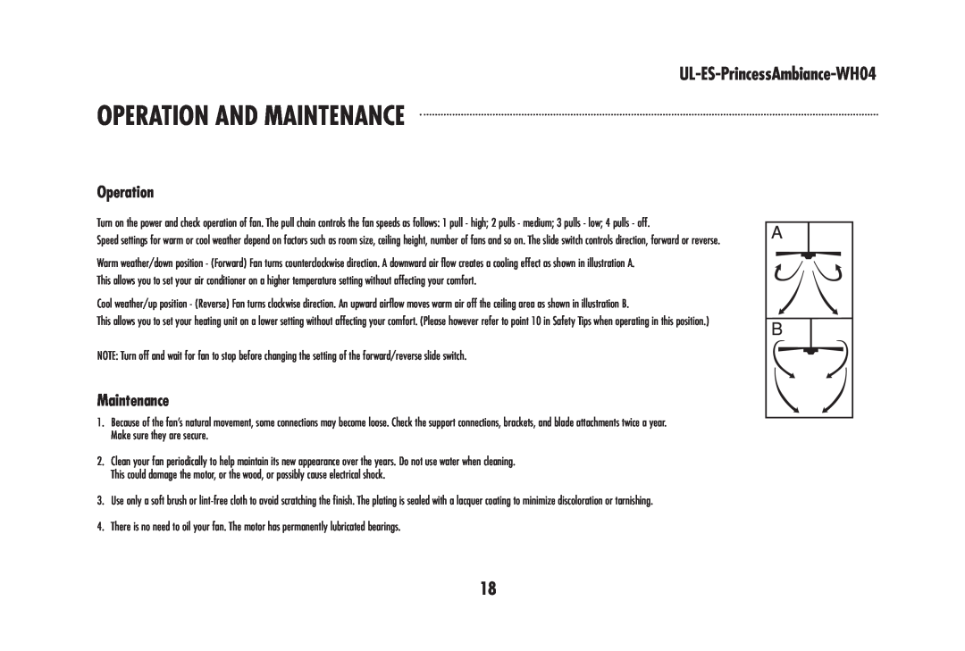 Westinghouse wh04 owner manual Operation And Maintenance, UL-ES-PrincessAmbiance-WH04 