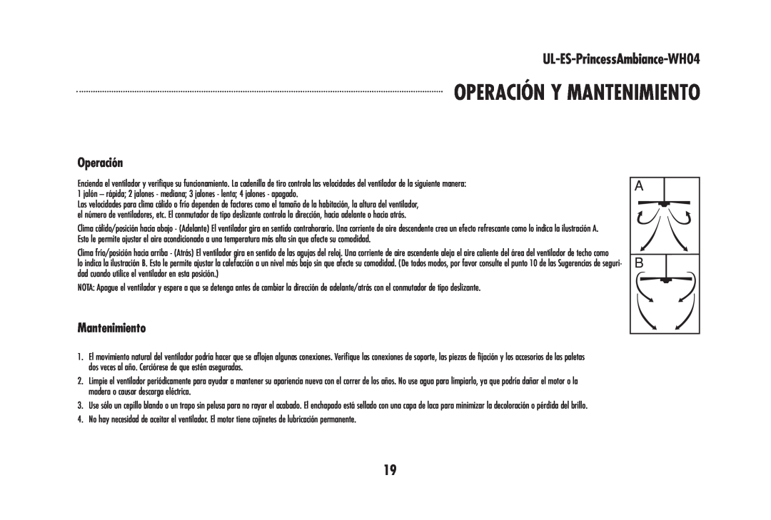 Westinghouse wh04 owner manual Operación Y Mantenimiento, UL-ES-PrincessAmbiance-WH04 