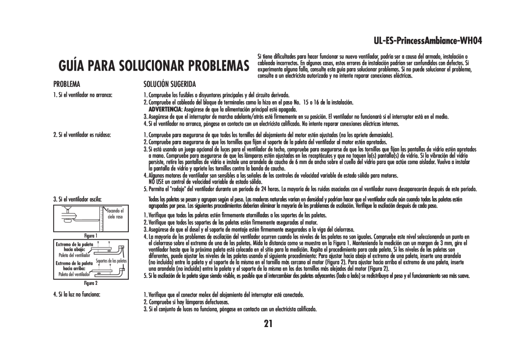 Westinghouse wh04 owner manual Problema, Solución Sugerida, UL-ES-PrincessAmbiance-WH04 