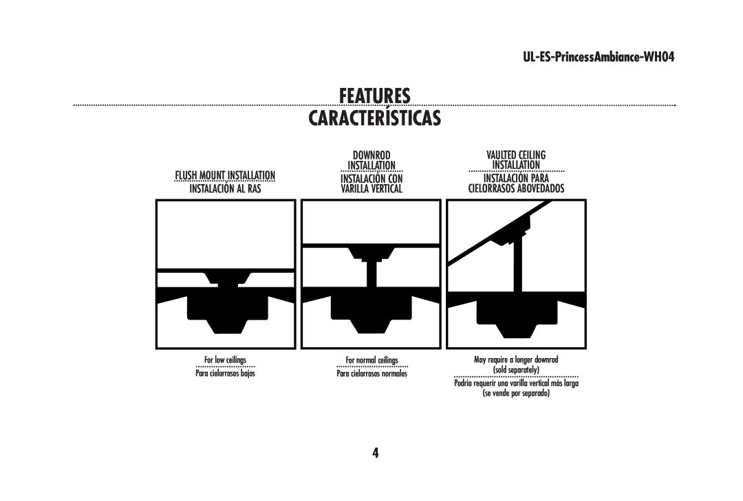 Westinghouse wh04 owner manual Features Características, UL-ES-PrincessAmbiance-WH04 
