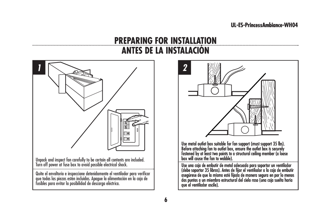 Westinghouse wh04 owner manual Preparing For Installation Antes De La Instalación, UL-ES-PrincessAmbiance-WH04 