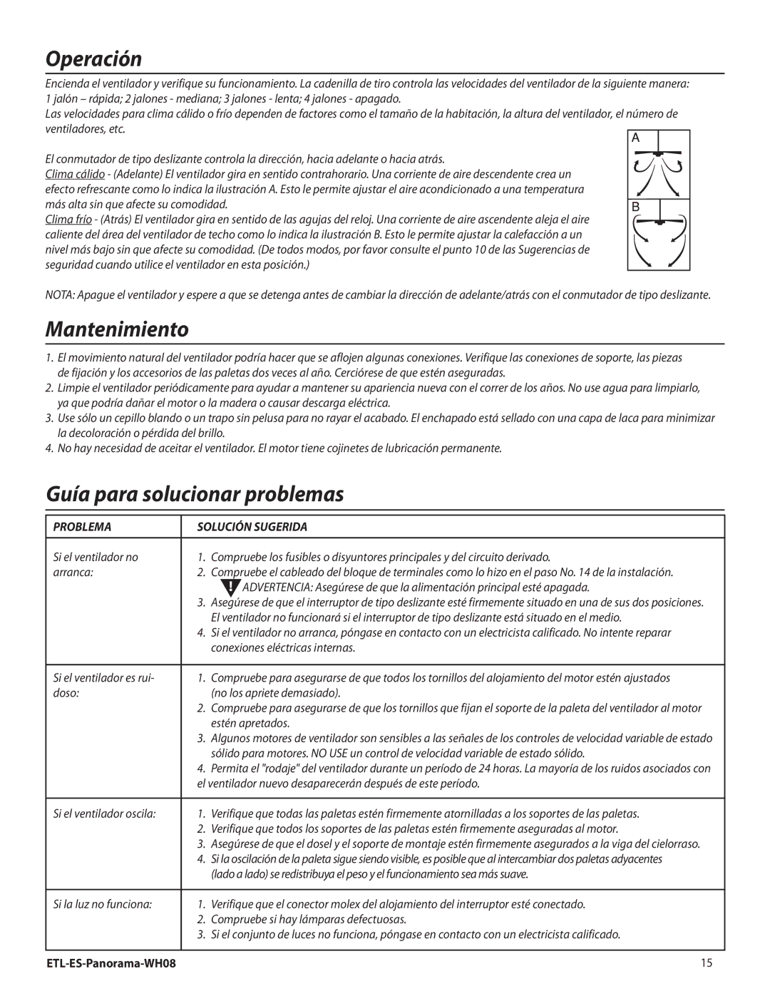 Westinghouse WH08 installation instructions Operación, Problema Solución Sugerida 