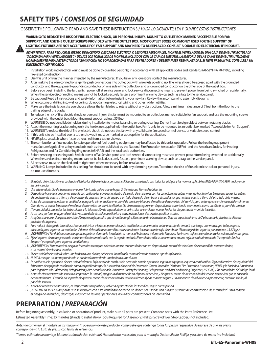 Westinghouse WH08 installation instructions Safety tips / Consejos de seguridad 