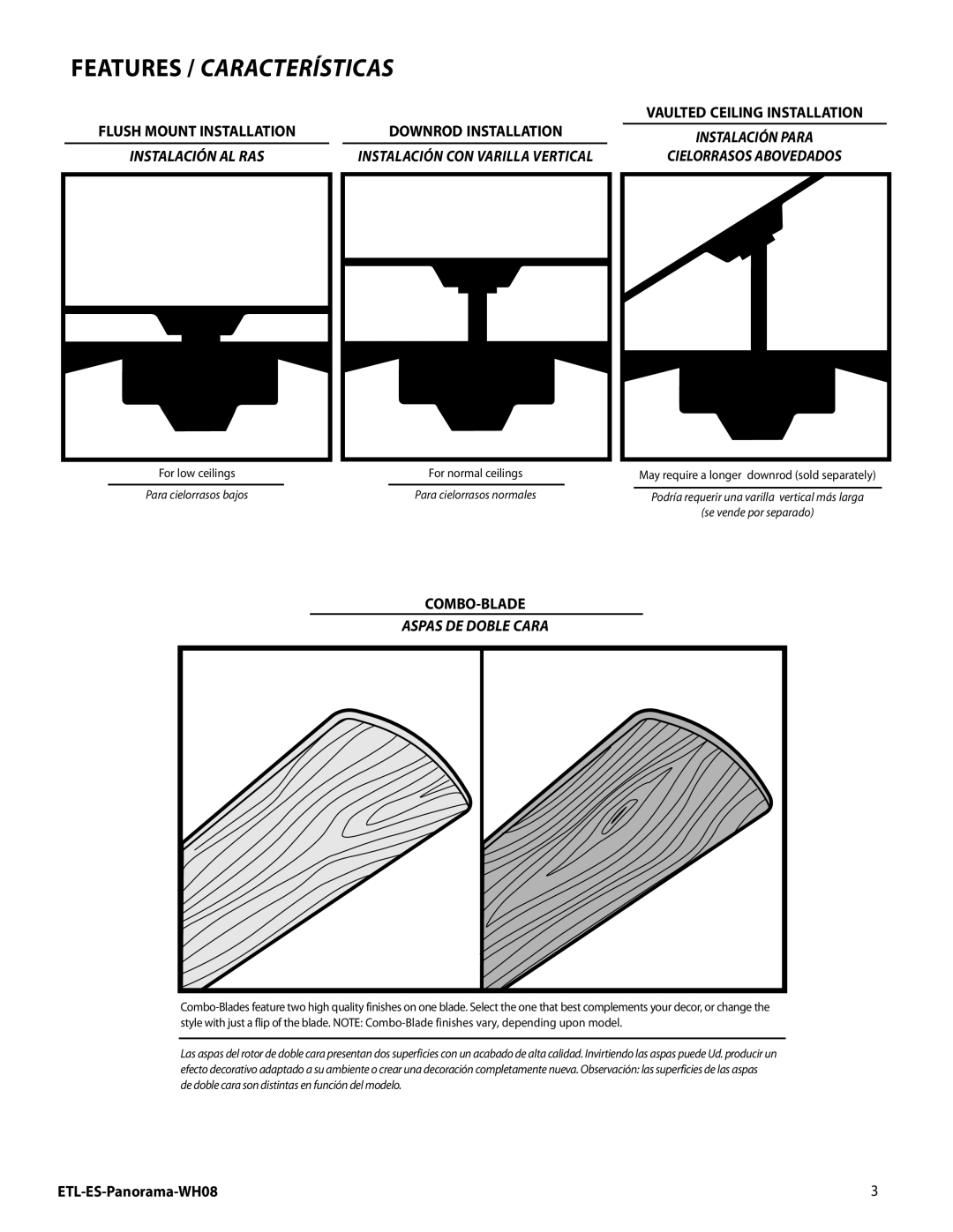 Westinghouse WH08 installation instructions Features / Características, Aspas DE Doble Cara 