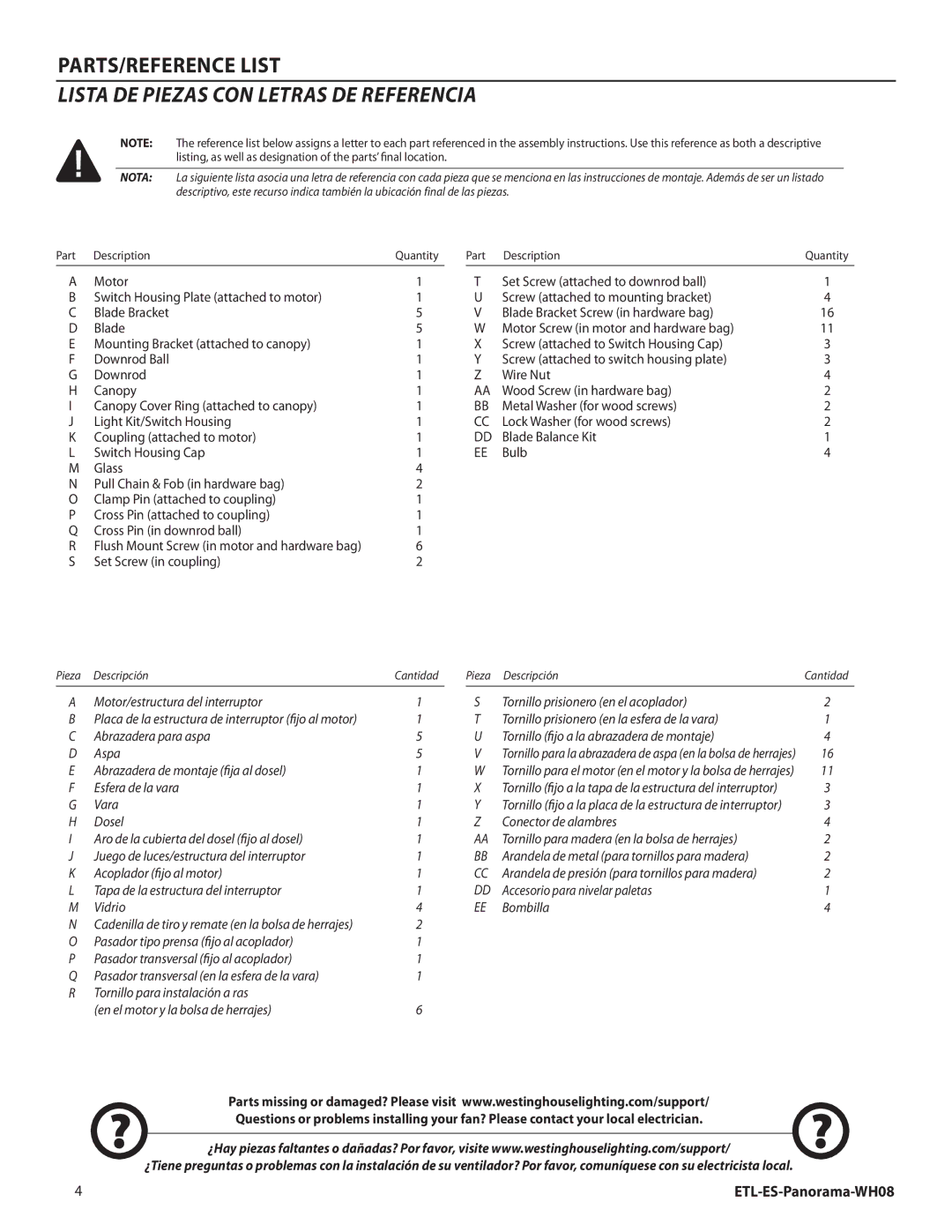 Westinghouse WH08 installation instructions Lista de piezas con letras de referencia 