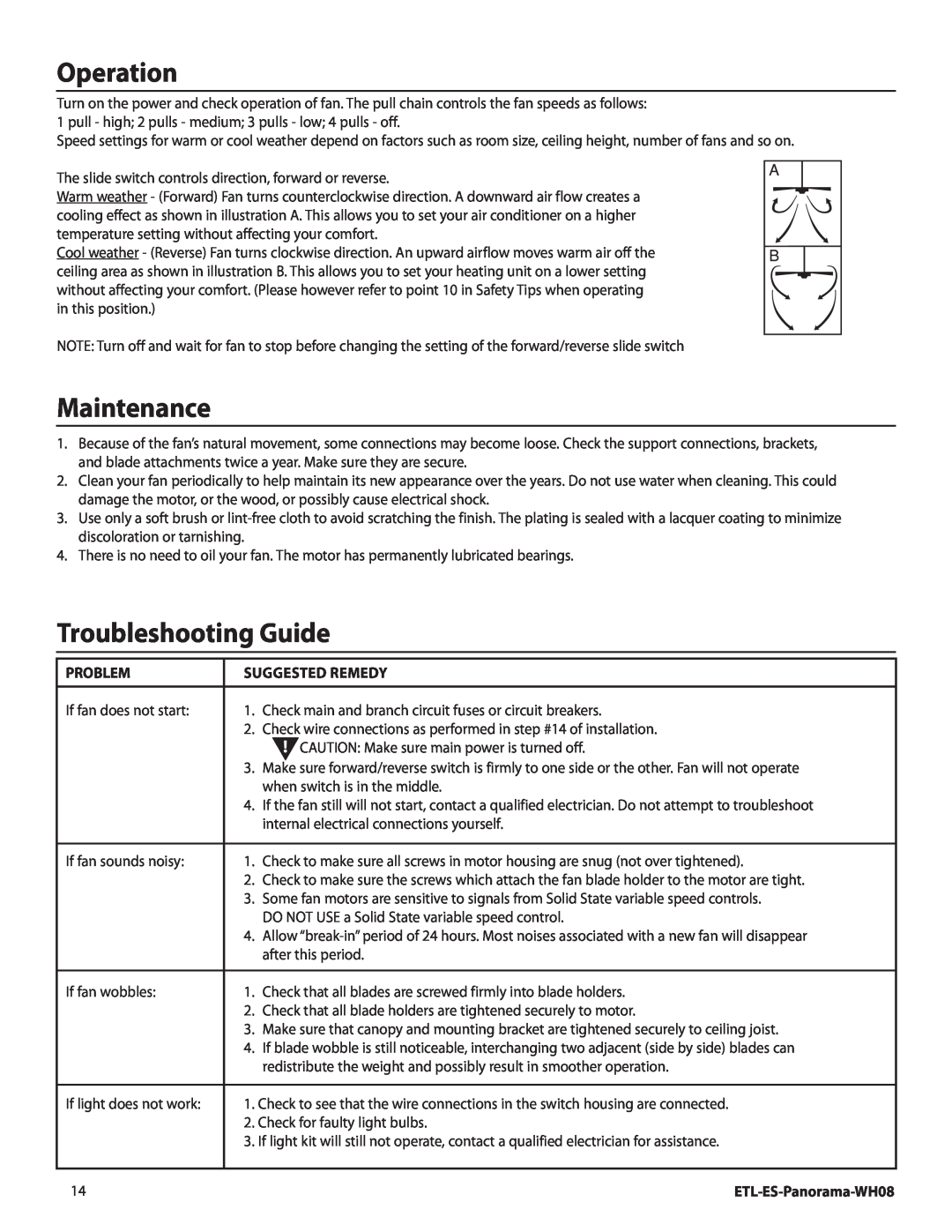 Westinghouse WH08 installation instructions Operation, Maintenance, Troubleshooting Guide, Problem, Suggested Remedy 
