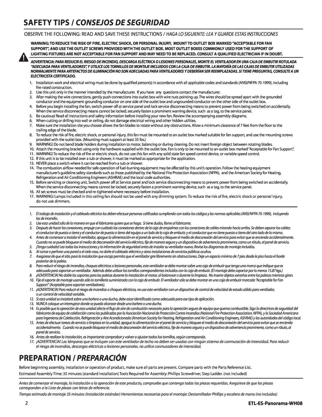 Westinghouse Safety tips / Consejos de seguridad, Preparation / Preparación, ETL-ES-Panorama-WH08 