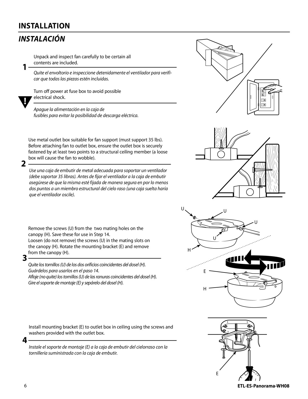 Westinghouse WH08 installation instructions Installation, instalación, Apague la alimentación en la caja de 